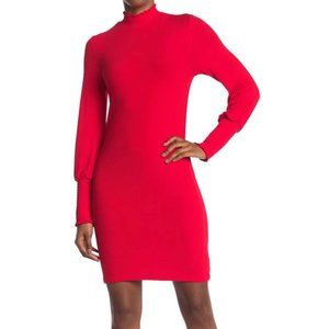 ONE ONE SIX Ruched Neck Long Sleeve Short Dress - (Red, SMALL)
